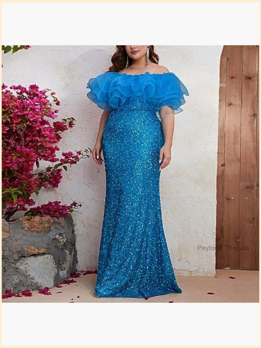 Sequined Off Shoulder Bodycon Maxi Formal Gown Ruffle Dress - Picture 4 of 7